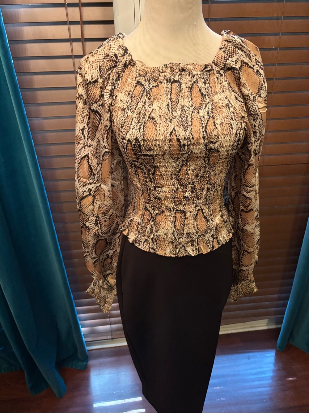 Snake Print Smocked Puff Sleeve Top - Brown Tan Black